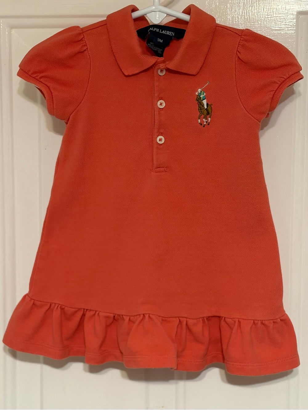 Ralph Lauren Baby Girls Orange Dress w/Ruffle Hem & Large Polo Pony 9 Months